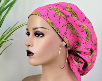 Leopard Print Satin Lined Scrub Hat, Protect Hair w/Satin Lined Ponytail Scrub Cap, Buttons Option, Size Option See Description,Surgical Hat