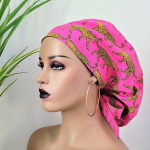 Leopard Print Satin Lined Scrub Hat, Protect Hair w/Satin Lined Ponytail Scrub Cap, Buttons Option, Size Option See Description,Surgical Hat