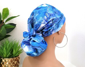 Tie Dye Satin Lined Ponytail Scrub Cap: Hair Protection, Button Option Protect Hair with Satin Lined Scrub Cap