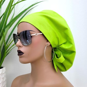 Cute Apple Green Ponytail Satin Lined Scrub Hat, Protect Hair w/Satin Lined Scrub Cap. Buttons/Size Options, Nurse/Surgical/Dr Cap