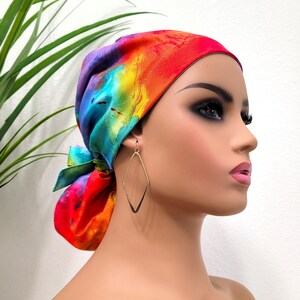 Tie Dye Satin Lined Scrub Hat, Protect Hair w/Satin Lined Ponytail Scrub Cap, Buttons, Nurse/Surgical/Doctor Cap, Full Satin Lining