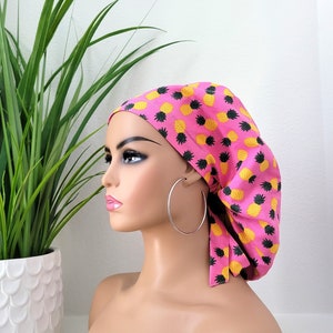 Sweet Pineapples Satin Lined Ponytail Scrub Hat, Protect Hair w/Satin Lined Scrub Cap. Buttons & Size Option, Nurse/Surgical Cap