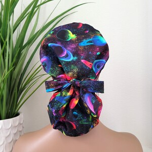 Galaxy Satin Lined Ponytail Scrub Hat, Protect Hair w/Satin Lined Ponytail Scrub Cap, Buttons Option, Size See Description, Surgical Cap