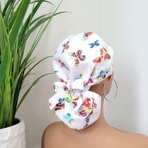 Butterflies Satin Lined Scrub Hat, Protect Hair w/Satin Lined Ponytail Scrub Cap, Buttons Option, Size See Description, Nurse/Surgical Cap
