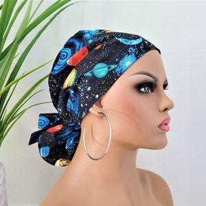 Small Galaxy Satin Lined Scrub Hat, Protect Hair w/Satin Lined Ponytail Scrub Cap, Buttons Option, Size Option See Description, Surgical Cap