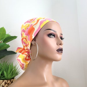 A Sunny Day Satin Lined Scrub Hat, Protect Hair w/Satin Lined Ponytail Scrub Cap, Buttons Option, Size See Description, Surgical Cap,