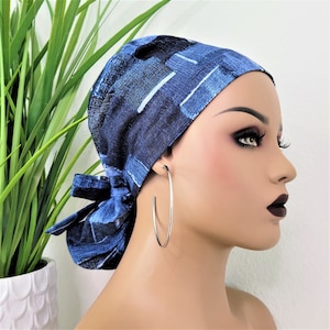Small Denim Satin Lined Scrub Hat, Protect Hair w/Satin Lined Ponytail Scrub Hat, Buttons Option, Size See Description, Nurse/Surgical Cap