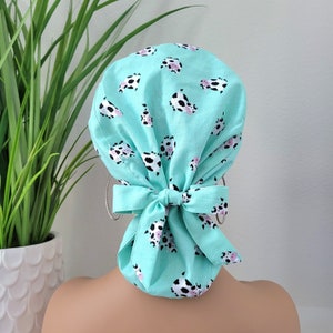 Cute Cows Satin Lined Scrub Hat, Protect Hair w/Satin Lined Ponytail Scrub Cap, Buttons Option, Size Option See Description, Surgical Hat
