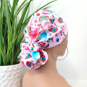 Candy Treats Satin Lined Scrub Hat, Protect Hair w/Satin Lined Ponytail Scrub Cap, Buttons Option, Size See Description, Nurse/Surgical Cap
