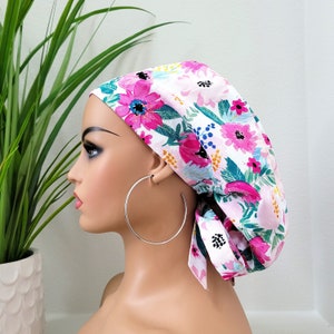Small, Floral Satin Lined Ponytail Scrub Hat, Protect Hair w/Satin Lined Scrub Cap. Buttons & Size Option, Nurse/Surgical/Doctor Cap