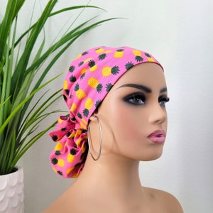 Small, Sweet Pineapples Satin Lined Ponytail Scrub Hat, Protect Hair w/Satin Lined Scrub Cap. Buttons & Size Option, Nurse/Surgical Cap