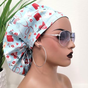 Proud Nurse Satin Lined Ponytail Scrub Hat, Protect Hair w/Satin Lined Scrub Cap, Buttons/Size Options Surgical/Nurse Hat, Full Satin Lining