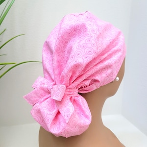 Small, Pink Swirls, Satin Lined Ponytail Scrub Hat, Protect Hair w/Satin Lined Scrub Cap, Nurse/Surgical/Dr Hat, Full Satin Lining Scrub Cap