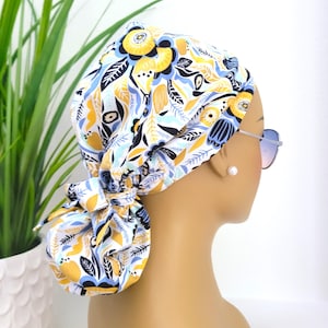 Small, Blue/Yellow Floral, Satin Lined Ponytail Scrub Hat, Protect Hair w/Satin Lined Scrub Cap, Nurse/Surgical/Dr Hat, Full Satin Lining