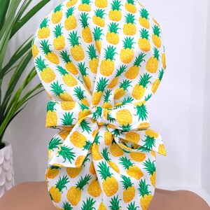 Sweet Pineapples Satin Lined Ponytail Scrub Hat, Protect Hair w/Satin Lined Scrub Cap. Buttons & Size Option, Nurse/Surgical Cap