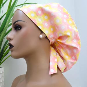 Small, Floral Honeycomb, Satin Lined Ponytail Scrub Hat, Protect Hair w/Satin Lined Scrub Cap, Nurse/Surgical/Doctor Hat, Full Satin Lining