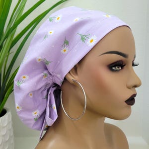 Small, Daisy Satin Lined Scrub Hat, Protect Hair w/Satin Lined Ponytail Scrub Cap, Buttons Option, Nurse/Surgical/Dr Cap, Lavendar Scrub Hat