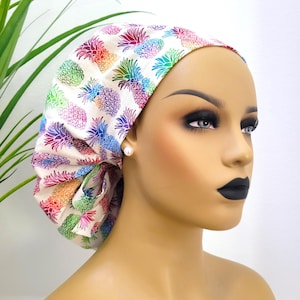 Sweet Pineapples, Satin Lined Ponytail Scrub Hat, Protect Hair w/Satin Lined Scrub Cap, Buttons Option, Nurse/Surgical/Dr Hat, Satin Lining