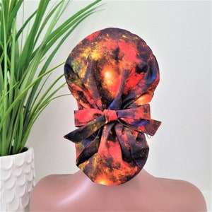 Galaxy Satin Lined Scrub Hat, Protect Hair w/Satin Lined Ponytail Scrub Cap, Buttons Option, Size Option See Description, Nurse/Surgical Cap