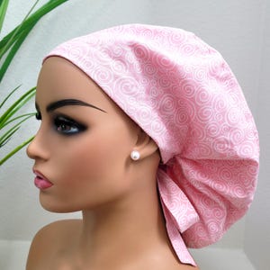 Small, Small, Pink Swirls, Satin Lined Scrub Hat, Protect Hair w/Satin Lined Ponytail Scrub Cap, Nurse/Surgical/Dr Cap, Full Satin Lining