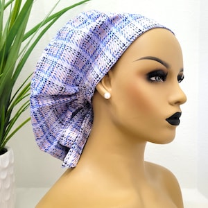 Small, Blue Plaid, Satin Lined Ponytail Scrub Hat, Protect Hair w/Satin Lined Ponytail Scrub Cap, Nurse/Surgical/Dr Cap, Full Satin Lining