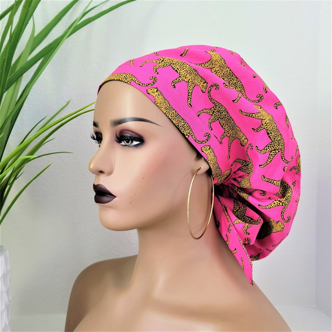 Leopard Print Satin Lined Scrub Hat, Protect Hair W/satin Lined Ponytail Scrub Cap, Buttons