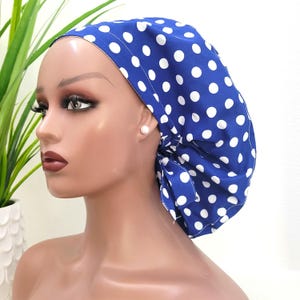 Blue w/White Polka Dots Ponytail Satin Lined Scrub Hat, Protect Hair w/Satin Lined Scrub Cap, Nurse/Surgical/Dr Hat, Full Satin Lining