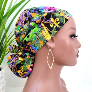 Small, Mardi Gras Satin Lined Scrub Hat: Ponytail Surgical Cap