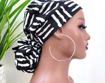 Satin Lined Ponytail Scrub Cap: Black/White Ankara Fabric, Nurse/Doctor Hat Protect Hair with Satin Lined Scrub Cap