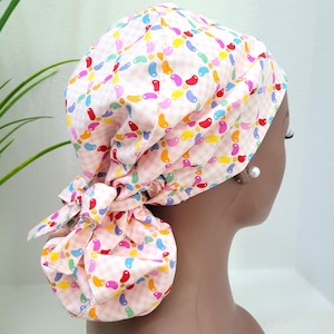 Jellybeans w/Sparkles, Satin Lined Ponytail Scrub Hat, Protect Hair w/Satin Lined Scrub Cap, Nurse/Surgical/Doctor Cap, Full Satin Lining