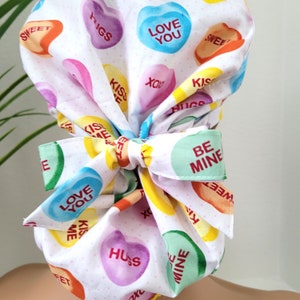 Candy Hearts Satin Lined Scrub Hat, Protect Hair w/Satin Lined Ponytail Scrub Cap, Buttons Option, Size See Description, Nurse Cap