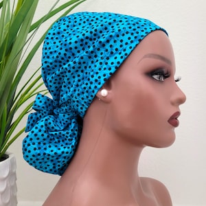 Blue w/Polka Dots, Protect Hair w/Satin Lined Ponytail Scrub Cap, Nurse/Surgical/Dr Cap, Buttons Option, Ankara Fabric, Full Satin Lining