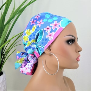 Small Satin Lined Scrub Hat, Protect Hair w/Satin Lined Ponytail Scrub Cap, Buttons Option, Nurse/Surgical/Doctor Cap, Floral Scrub Hat