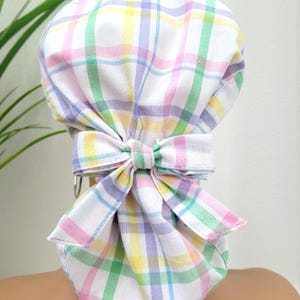 Pastel Plaid Satin Lined Ponytail Scrub Hat, Protect Hair w/Satin Lined Scrub Cap. Buttons/Size Option, Nurse/Surgical/Dr Cap, Satin Lining