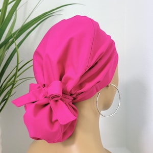 Protect Hair w/Satin Lined Ponytail Scrub Hat, Buttons/Size Option, Nurse/Surgical/Dr Cap, Satin Lined Scrub Hat, Fuchsia Color Scrub Cap
