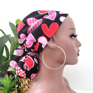 Small, Hearts Satin Lined Scrub Hat, Protect Hair w/Satin Lined Ponytail Scrub Cap, Buttons Option, Size See Description, Surgical/Nurse Cap