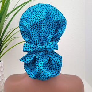 Small, Blue w/Polka Dots, Protect Hair w/Satin Lined Ponytail Scrub Cap, Nurse/Surgical/Dr Cap, Ankara Fabric, Full Satin Lining Scrub Hat