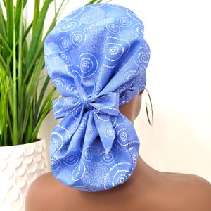 Small, Protect Hair w/Satin Lined Ponytail Scrub Cap, Buttons Option, Nurse/Surgical/Dr Cap, Satin Lined Scrub Hat, Periwinkle Scrub Hat