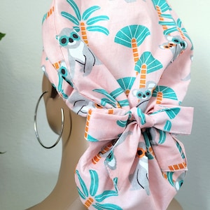 Koala Bears/Palm Trees Satin Lined Scrub Hat, Protect Hair w/Satin Lined Ponytail Scrub Cap, Buttons Option, Size See Description, Nurse Cap