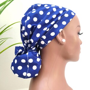 Small, Blue w/White Polka Dots Ponytail Satin Lined Scrub Hat, Protect Hair w/Satin Lined Scrub Cap, Nurse/Surgical/Dr Hat, Satin Lining