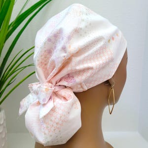 Pastel Peach/Purple w/Flowers, Satin Lined Scrub Hat, Protect Hair w/Satin Lined Ponytail Scrub Cap, Buttons Option, Nurse/Surgical/Dr Hat