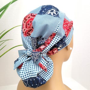 Small, Bandana Patchwork, Satin Lined Ponytail Scrub Hat, Protect Hair w/Satin Lined Scrub Cap, Nurse/Surgical/Doctor Hat, Full Satin Lining
