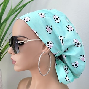 Small Cute Cows Satin Lined Scrub Hat, Protect Hair w/Satin Lined Ponytail Scrub Cap, Buttons Option, Size See Description, Surgical Hat