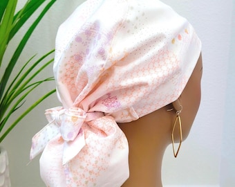 Floral Satin Lined Scrub Hat Peach Purple Ponytail Cap Protect Hair w/Satin Lining Anti-Frizz Buttons Option Nurse/Doctor/Surgical Scrub Hat