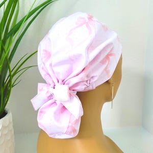 Cute Pink Ribbon/Bow Print, Satin Lined Ponytail Scrub Hat, Protect Hair w/Satin Lined Scrub Cap, Buttons/Size Option, Nurse/Surgical/Dr Hat