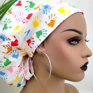 Cute Handprint Paintings Satin Lined Scrub Hat, Protect Hair w/Satin Lined Ponytail Scrub Cap, Buttons Option, Nurse/Surgical Cap