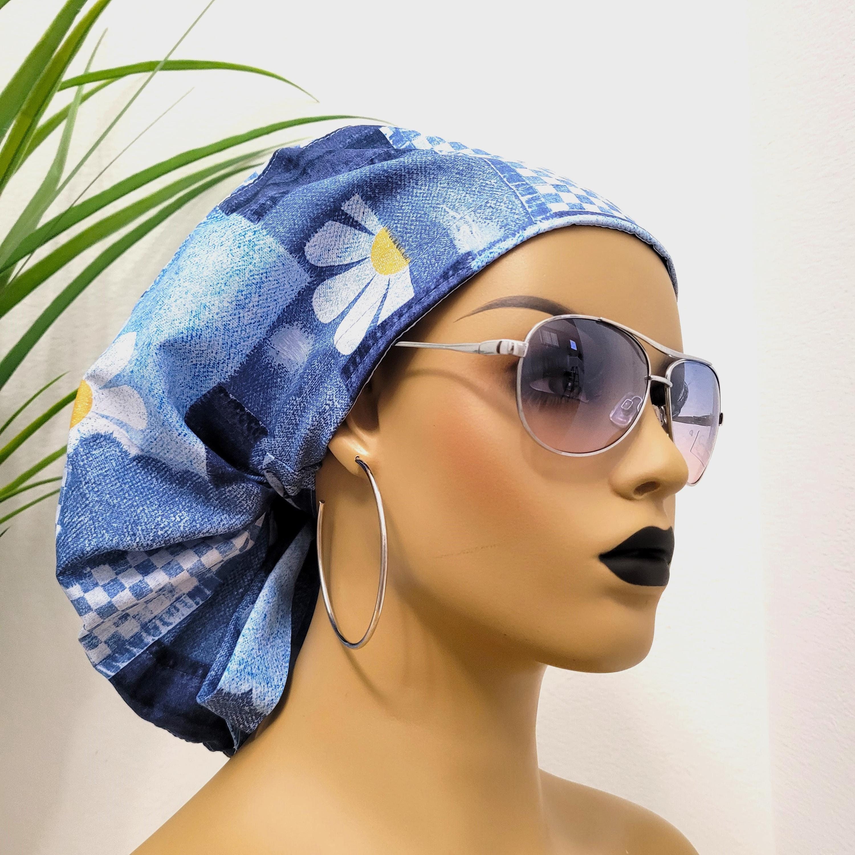 Daisy Denim Patchwork, Satin Lined Ponytail Scrub Hat, Protect Hair w/Satin Lined Scrub Cap, Buttons/Size Options, Nurse/Surgical/Doctor Hat