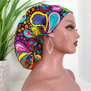 Protect Hair w/Satin Lined Ponytail Scrub Cap, Buttons Option, Size See Description, Nurse/Surgical Cap, Ankara Satin Lined Scrub Hat