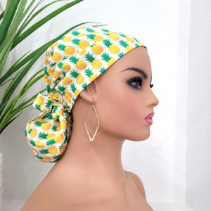 Small, Sweet Pineapples Satin Lined Ponytail Scrub Hat, Protect Hair w/Satin Lined Scrub Cap. Buttons Option, Nurse/Surgical/Doctor Hat