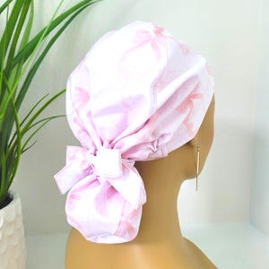 Small, Cute Pink Ribbon/Bow Print, Satin Lined Ponytail Scrub Hat, Protect Hair w/Satin Lined Scrub Cap, Buttons/Size Option, Surgical Hat